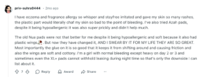 Reddit comment: User with eczema and fragrance allergy says Nua's updated pads are soft, stay in place, and cause less irritation than other brands.