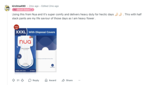 Reddit comment with product image: User recommends Nua XXXL overnight pads for heavy flow and comfort. Attached image shows Nua XXXL (400 mm) Overnight Pads packaging.