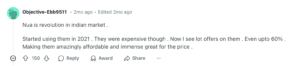 Reddit comment: User says Nua transformed the Indian pad market and has become more affordable through discounts.