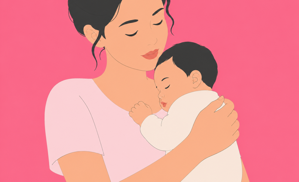 Illustration of a mother gently cradling a sleeping baby, representing postpartum care, maternal recovery, breastfeeding, newborn bonding, and early motherhood.