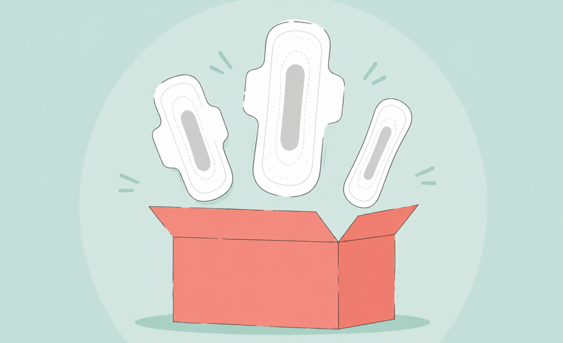 Illustration of an open coral box with three sanitary pads of different sizes popping out, representing a customizable pad subscription that lets you choose the right pad for every stage of your period.