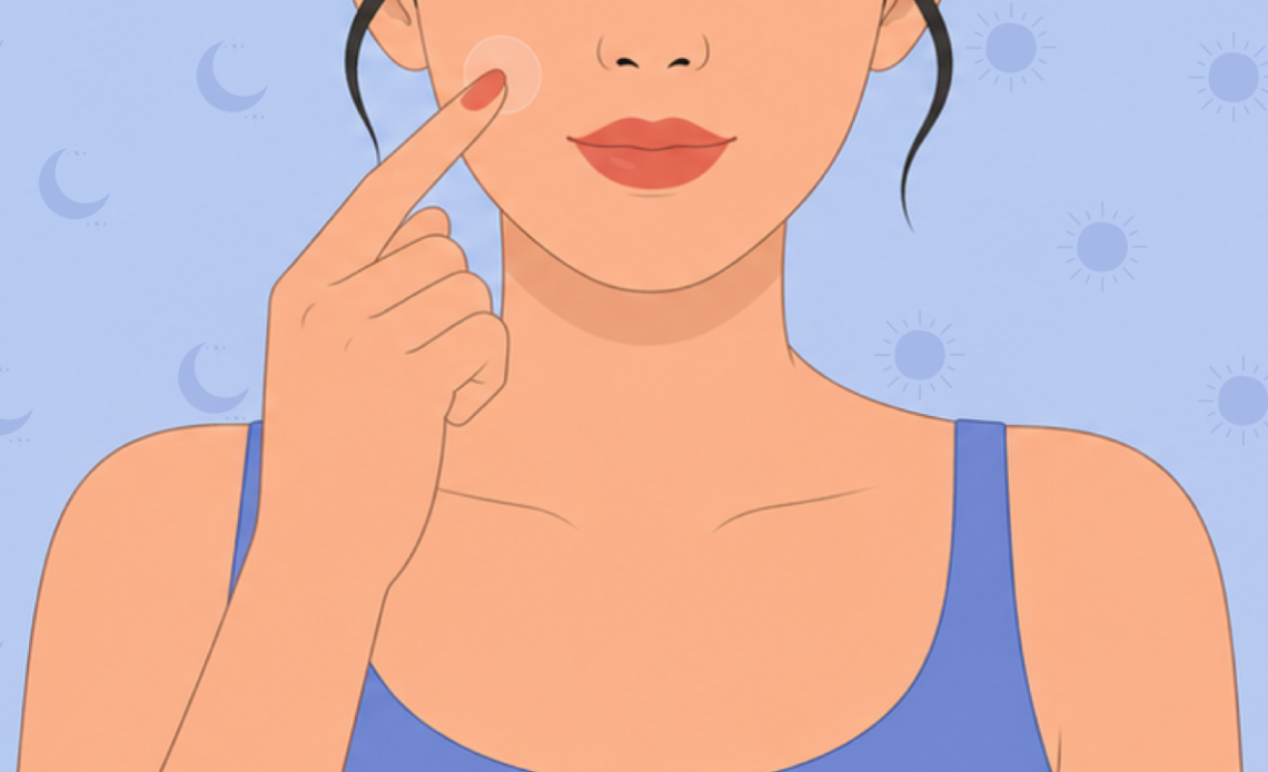 Illustration of a person applying a pimple patch to a blemish on their cheek as part of a skincare routine.