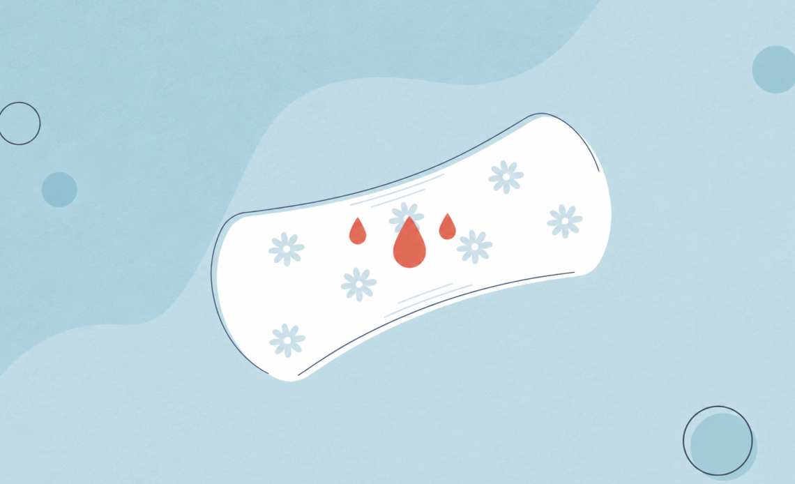 Illustration of a sanitary pad with a few drops of blood, representing light implantation spotting that may occur in early pregnancy.
