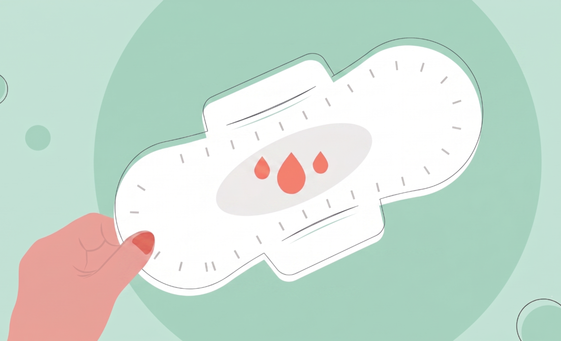 Illustration of a sanitary pad with three blood drops, representing light and medium menstrual flow.