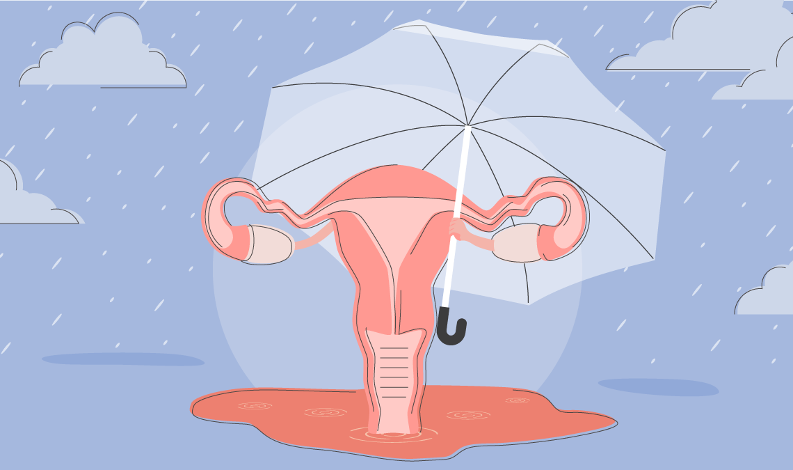 Illustration of a uterus holding a transparent umbrella in the rain, standing in a puddle, symbolising protecting hormonal and emotional wellbeing during the monsoon season and PMS.