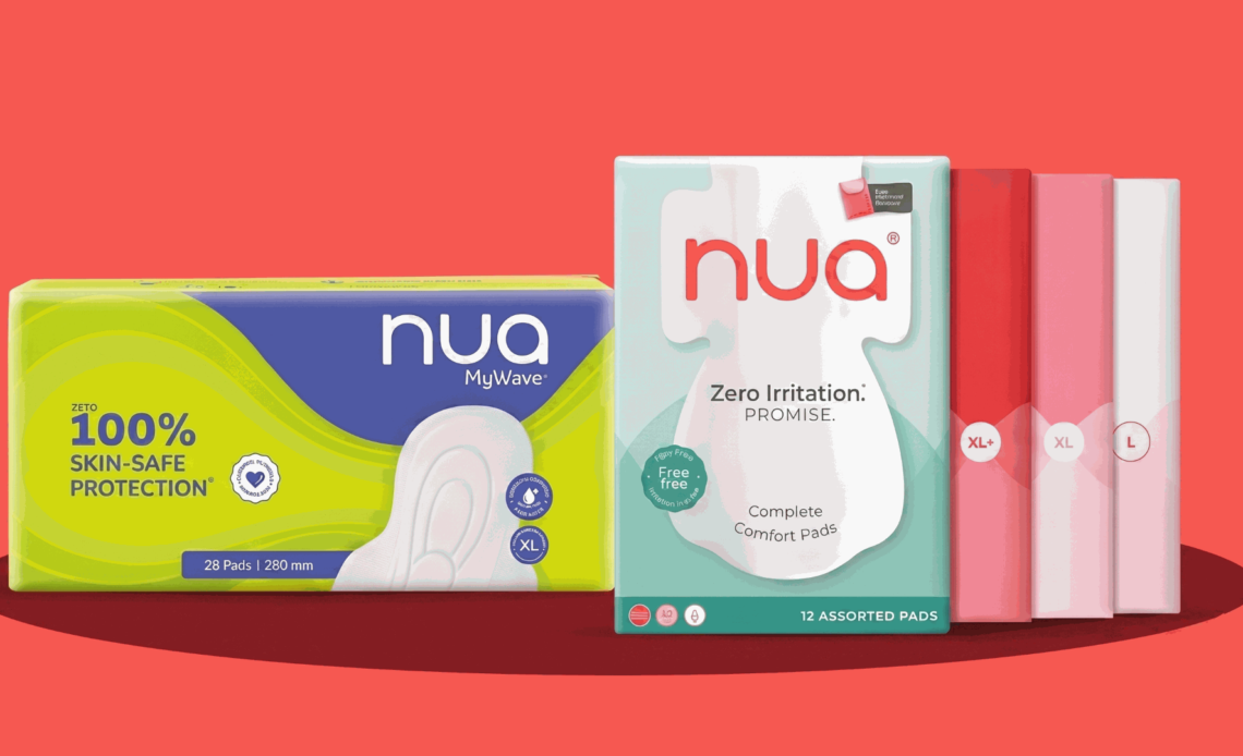Nua's MyWave and Complete Comfort sanitary pad packs displayed side by side with individually wrapped pads for product comparison.