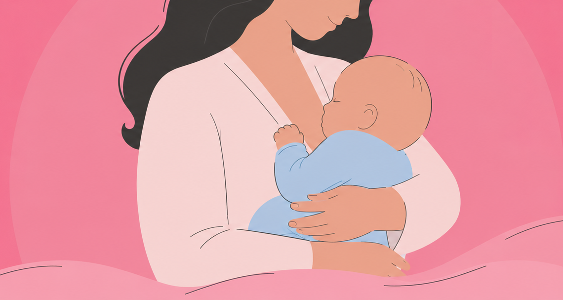 Illustration of a mother holding her sleeping baby against her chest in a nurturing skin-to-skin cuddle, symbolizing comfort, bonding, and breastfeeding support.