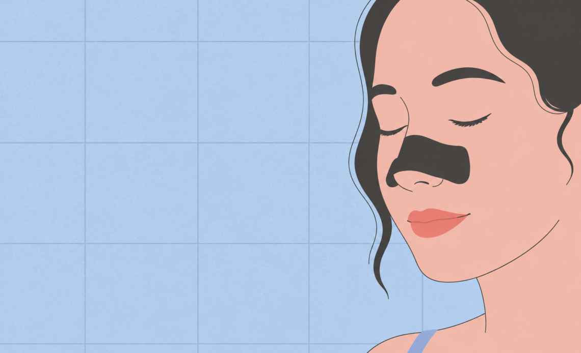 Illustration of a person with a black nose strip applied across the nose, eyes closed, against a blue tiled background, representing a skincare routine for removing blackheads.