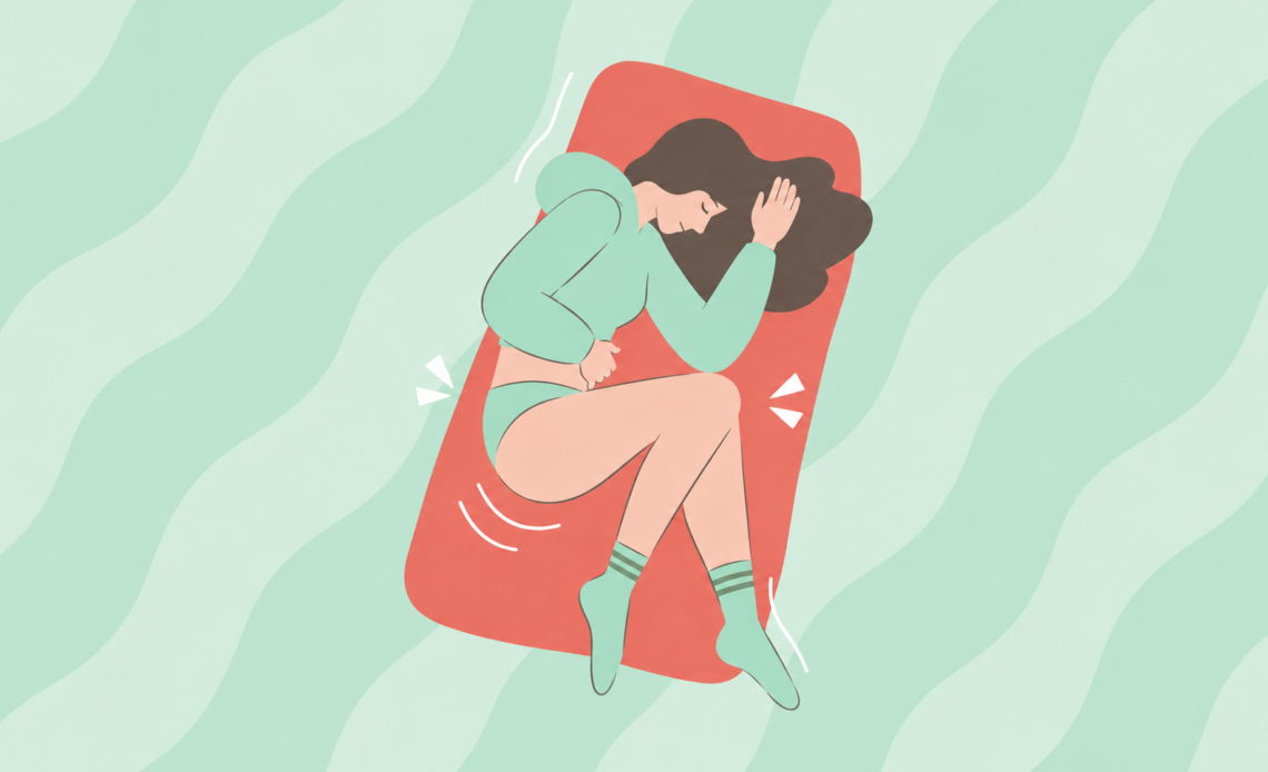 Illustration of a person curled up with menstrual cramps, holding their lower abdomen to represent nausea and pain during periods.