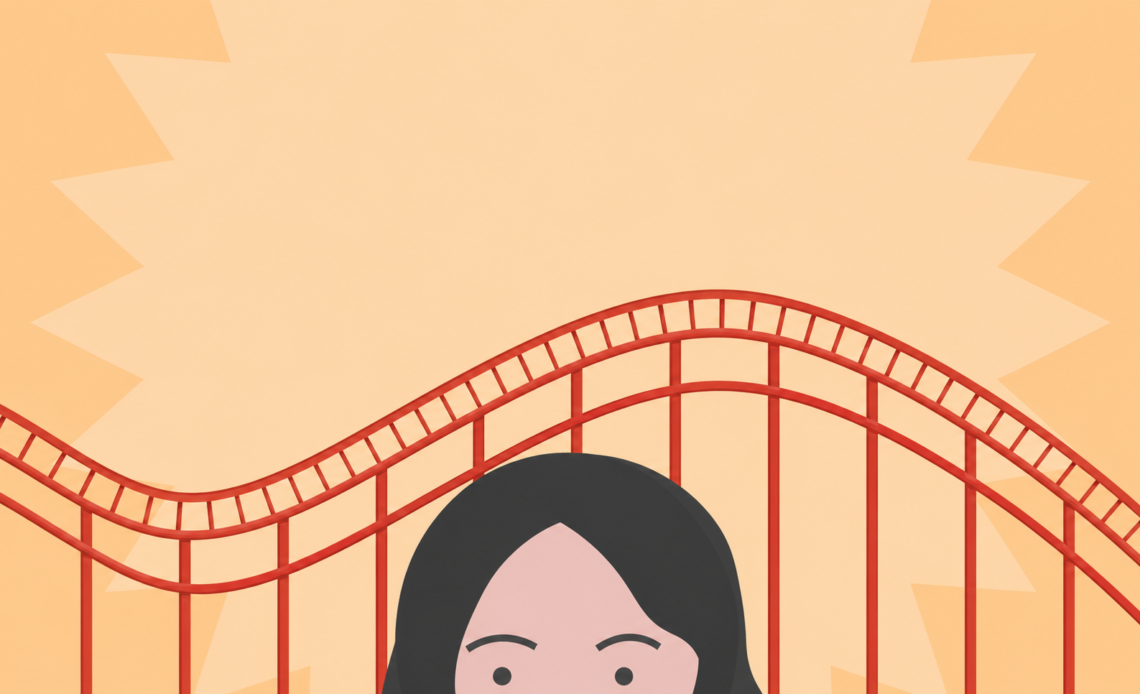 Illustration of a roller coaster behind a woman, symbolising the emotional highs and lows associated with PMS and PMDD.