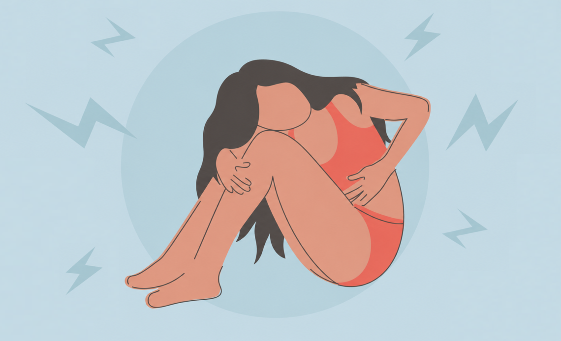 Illustration of a teenager curled up with severe menstrual cramps, clutching her abdomen as lightning bolt icons symbolize intense period pain.