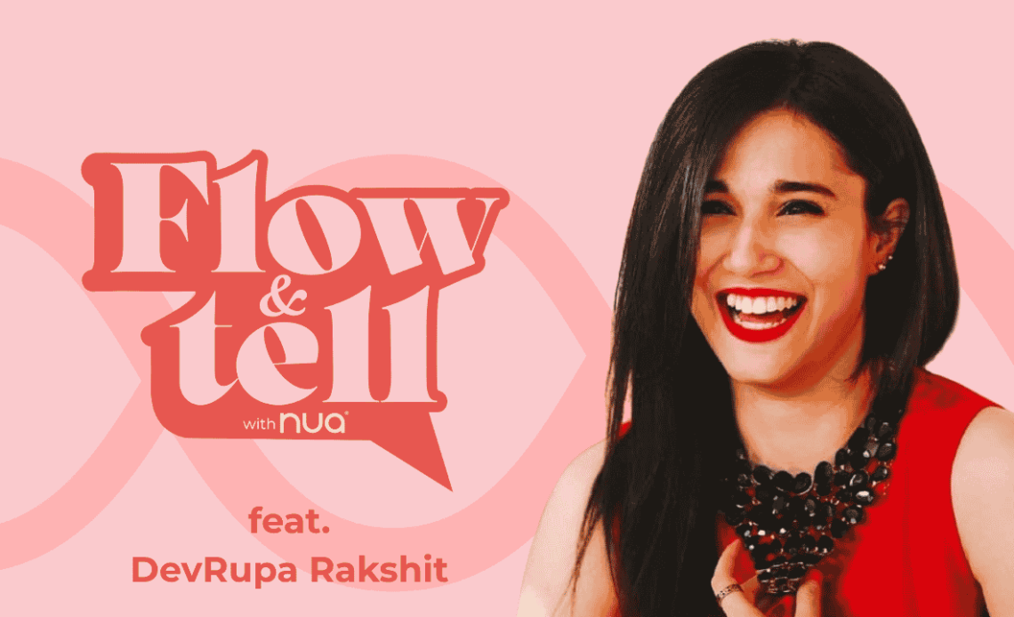 Illustration promoting a Nua Flow & Tell conversation featuring DevRupa Rakshit, focused on sensory sensitivity during periods.