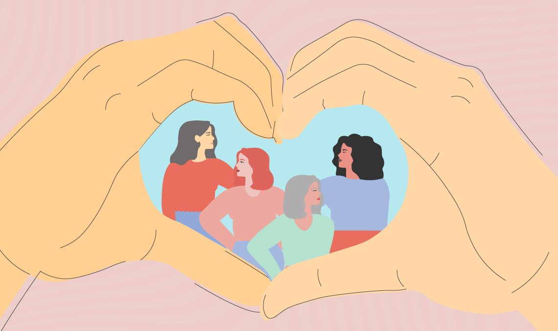 Illustration of hands forming a heart shape around a diverse group of women, symbolizing care, support, and choosing period products that prioritize comfort and well-being.