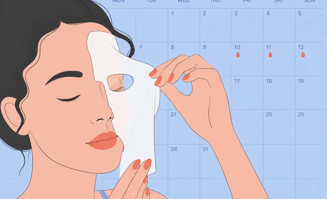Illustration of a person removing a sheet face mask with a menstrual cycle calendar in the background, representing skincare during different phases of the menstrual cycle.