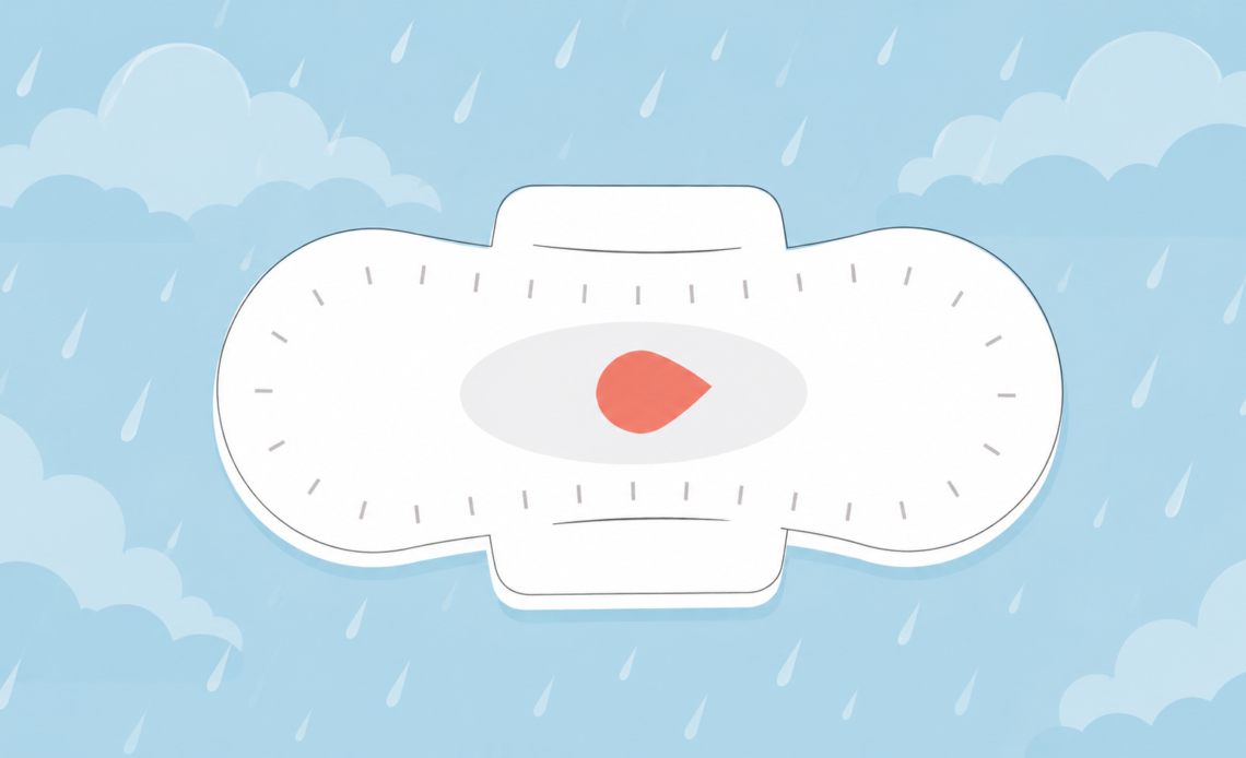 Illustration of a sanitary pad, set against a rainy blue background.