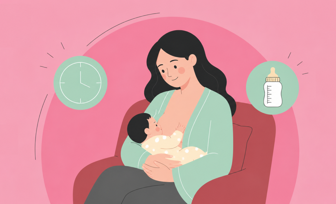 A mother breastfeeding her baby in a chair, with a clock and baby bottle shown beside her, representing breastfeeding timing and milk supply.