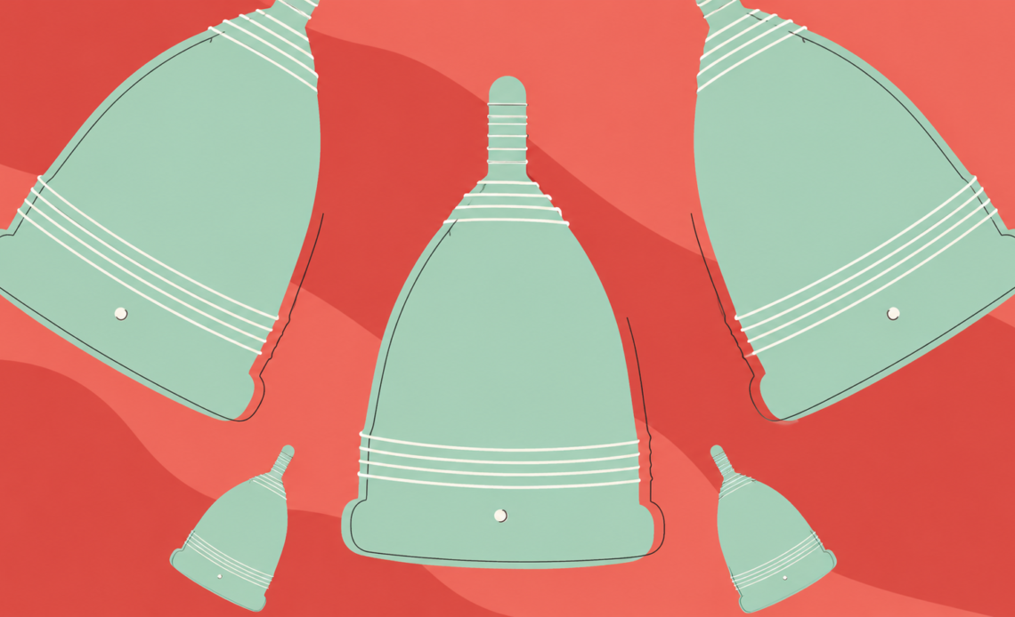 Multiple mint menstrual cups displayed in different sizes against a coral background.