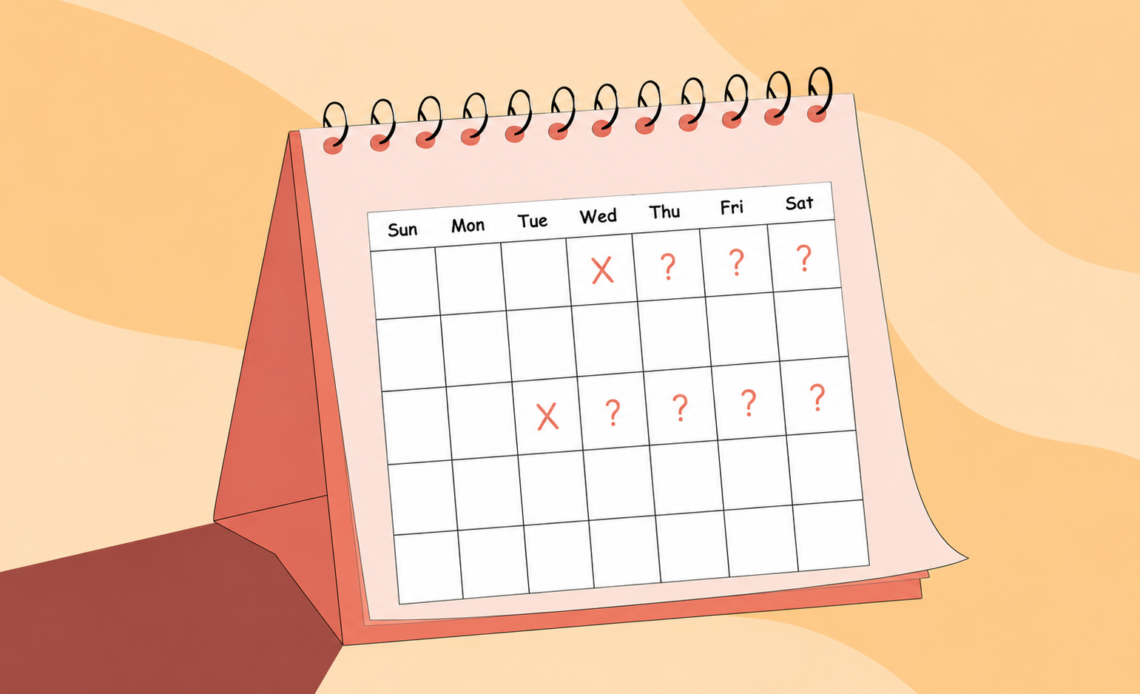 A calendar showing marked period days with an X followed by several question marks, representing uncertainty about when the next period will arrive.