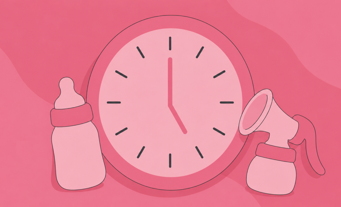 Illustration of a clock between a baby bottle and a breast pump, representing newborn feeding frequency and timing.