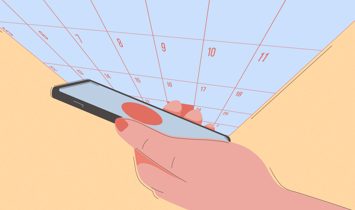 Illustration of a hand using a smartphone with a calendar overlay, representing period tracking, menstrual cycle monitoring, ovulation prediction, and health apps.
