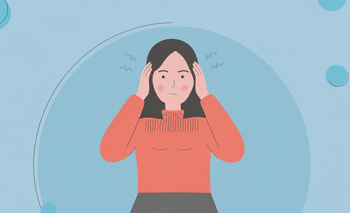 A woman holding both sides of her head with a strained expression, surrounded by small wavy lines suggesting dizziness or discomfort, on a blue background.