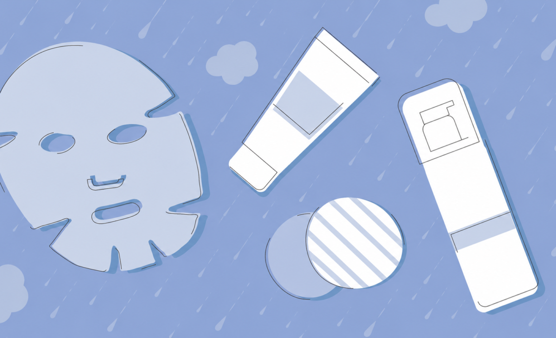 Illustration of skincare products, including a face mask, cleanser, serum and moisturizer, arranged against a rainy blue background.