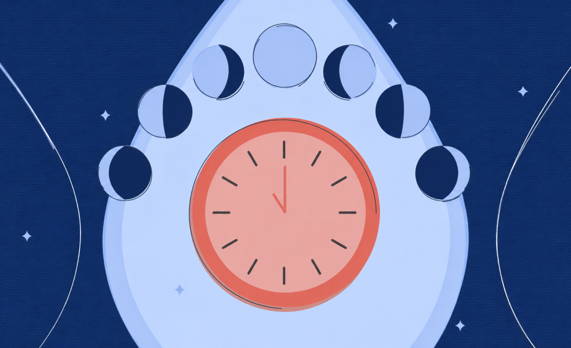Illustration of a clock surrounded by moon phases, symbolising overnight period protection, long-lasting absorbency, uninterrupted sleep, and preventing irritation or discomfort while wearing pads overnight.