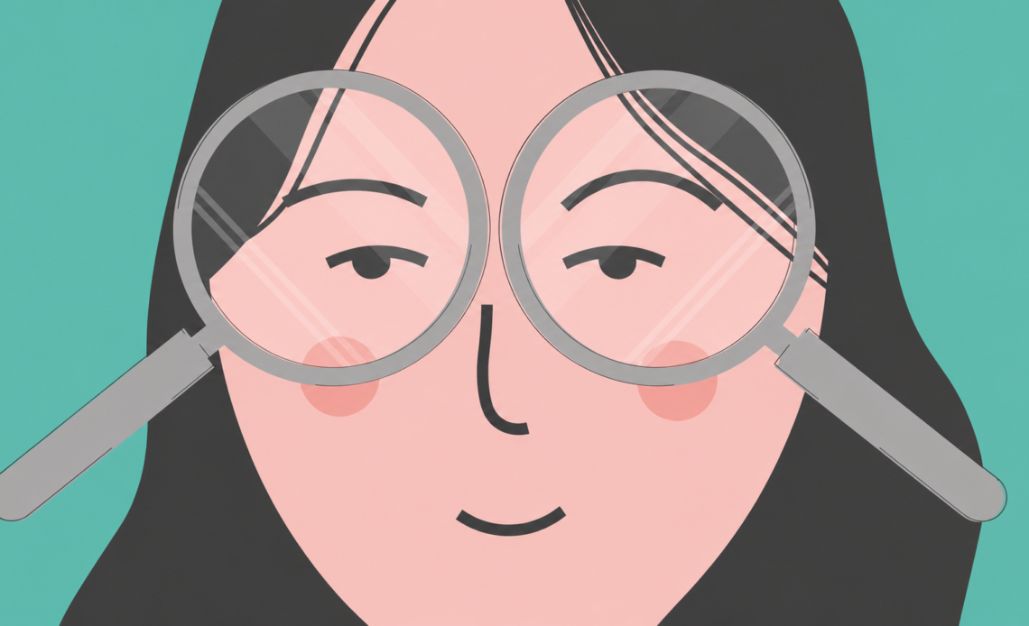Close-up illustration of a woman wearing large glasses, with magnified eyes, representing looking closely at or examining something.