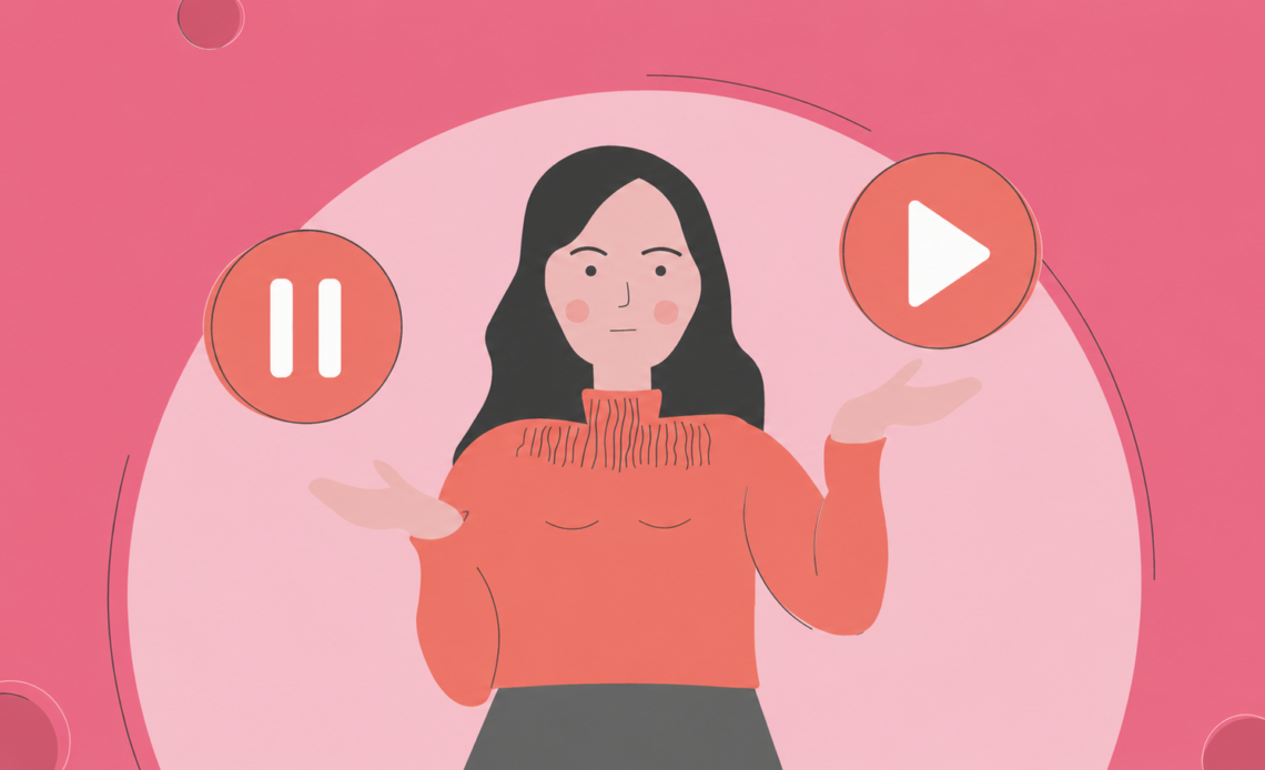 Illustration of a woman choosing between pause and play symbols, representing postpartum bleeding that stops and starts again, irregular postpartum lochia, and uncertainty about what is normal after childbirth.