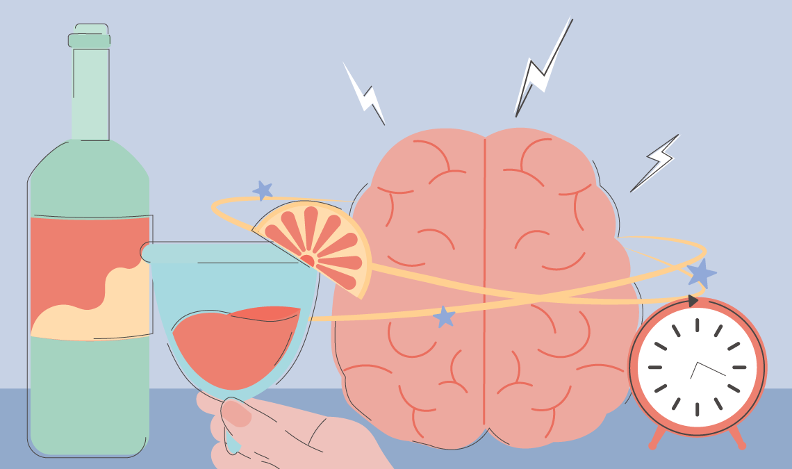 An illustration of a brain alongside a glass of alcohol, citrus, a bottle, and a clock, representing the effects of alcohol on the brain and how they may change with time.