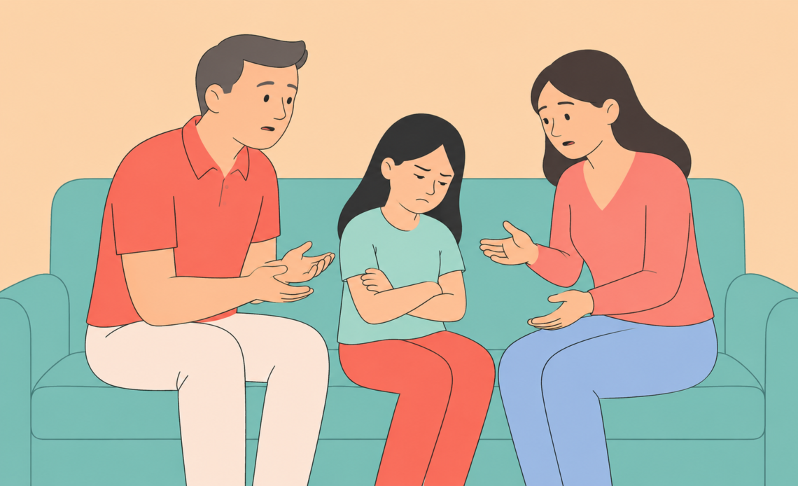 A teenage girl sitting between her parents on a sofa, looking annoyed with her arms crossed while both parents gesture as they try to talk to her.