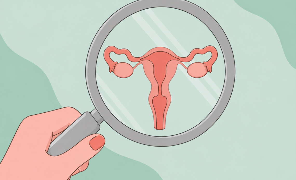 Illustration of a hand holding a magnifying glass over a female reproductive system, highlighting the uterus, fallopian tubes, and ovaries.