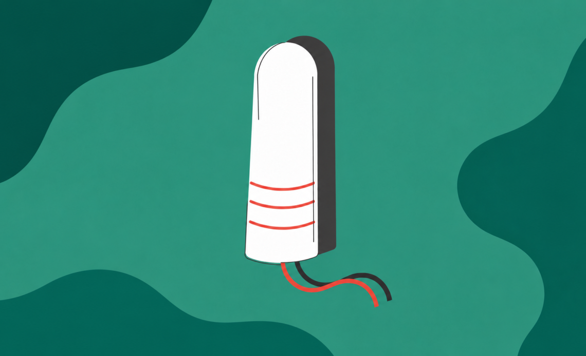 Illustration of a tampon with its strings visible against a dark green abstract background.