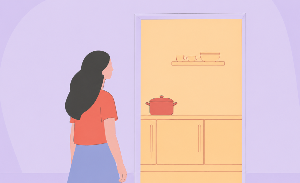 Illustration of a woman standing outside a kitchen doorway, representing menstrual myths, period taboos, cultural beliefs, and restrictions around menstruation.