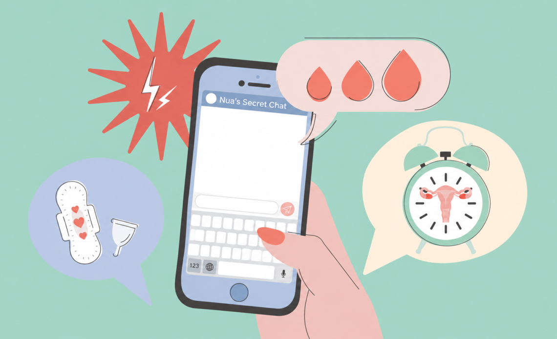Illustration of a hand holding a smartphone displaying Nua’s Secret Chat, with speech bubbles showing menstrual products and a uterus-shaped alarm clock.