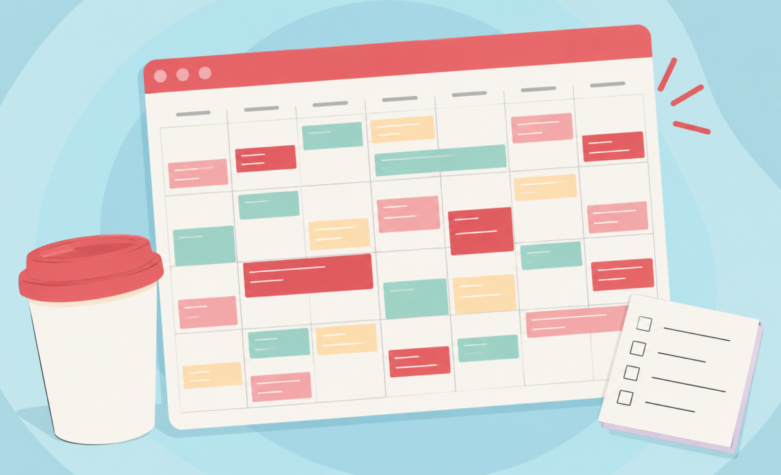 Illustration of a calendar with marked dates, a takeaway coffee cup, and a to-do list, representing managing periods alongside work commitments.