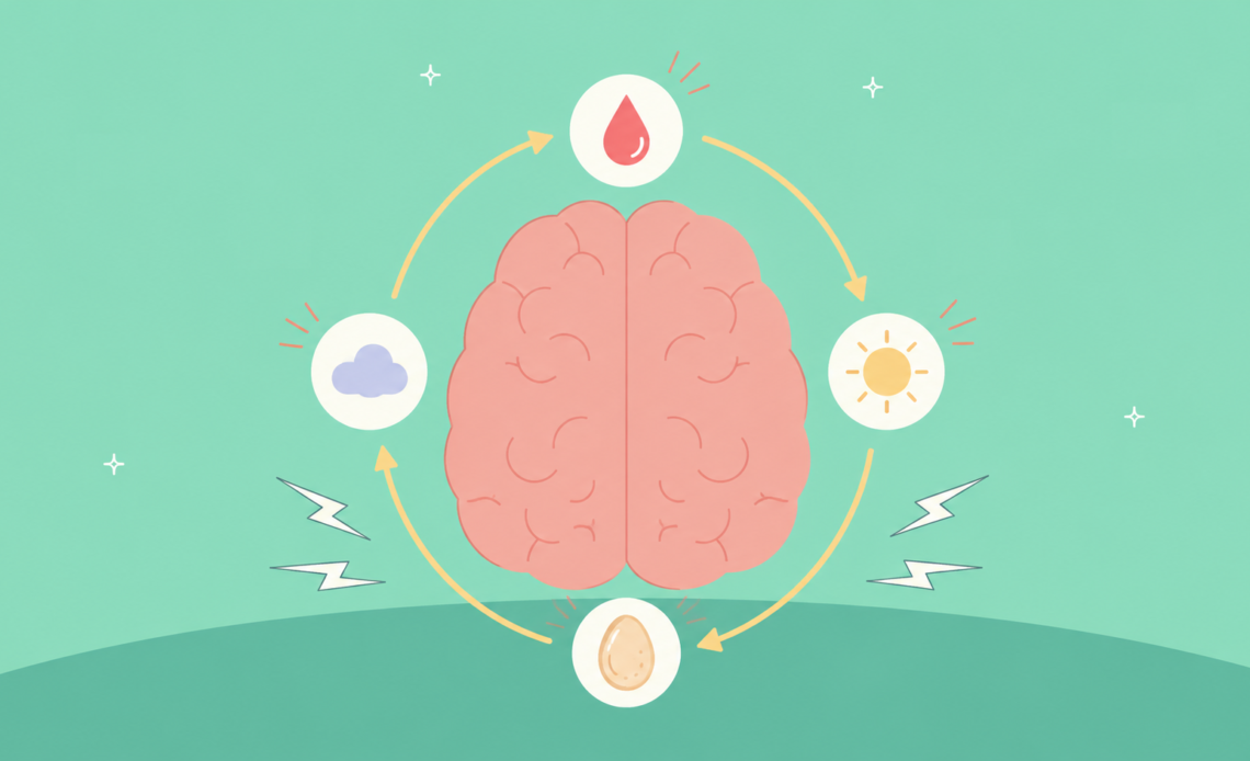 Illustration of a brain surrounded by symbols representing different phases and symptoms of the menstrual cycle, including bleeding, sunlight, fatigue, and changing mood.