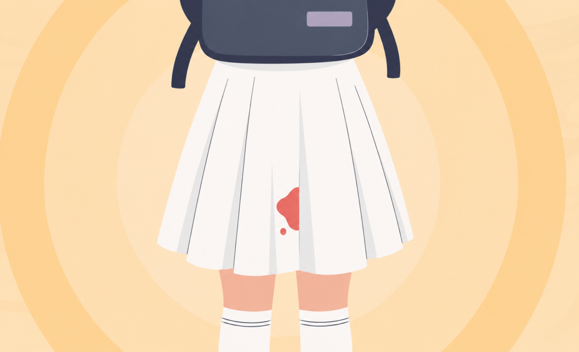 Illustration of the back of a schoolgirl wearing a white uniform skirt with a visible period stain and a schoolbag above her.