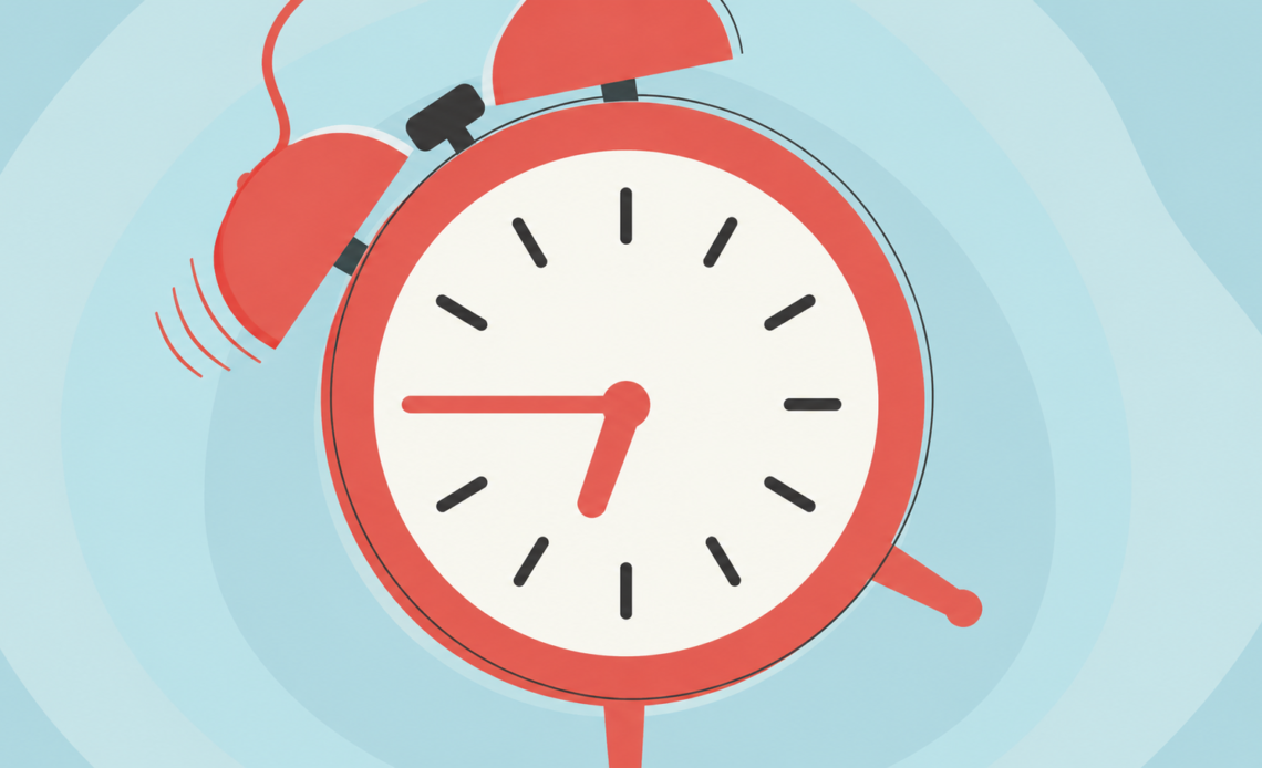 Illustration of a red alarm clock showing the time, representing the importance of changing menstrual products regularly.