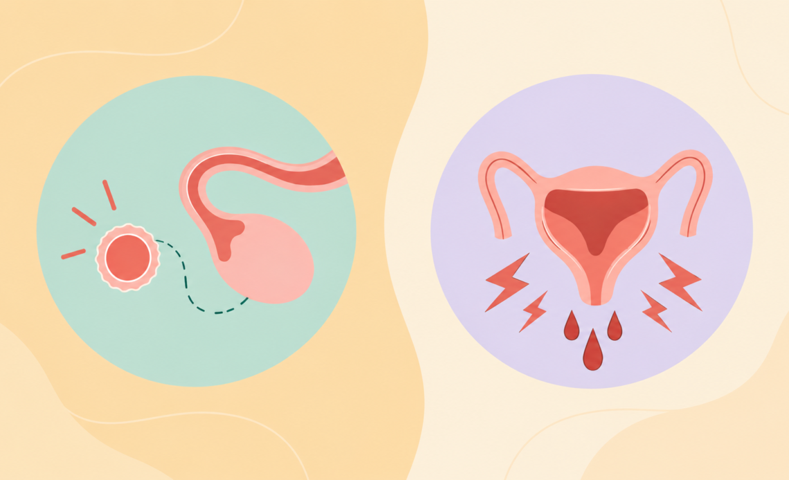 Illustration comparing ovulation and period cramps, featuring an egg and fallopian tube on one side and an inflamed uterus with blood drops and pain symbols on the other.
