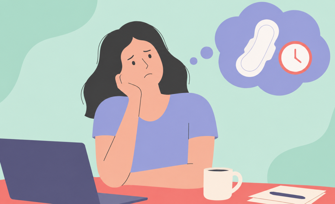 Illustration of a woman sitting at a desk looking worried, with a thought bubble showing a menstrual pad and clock.