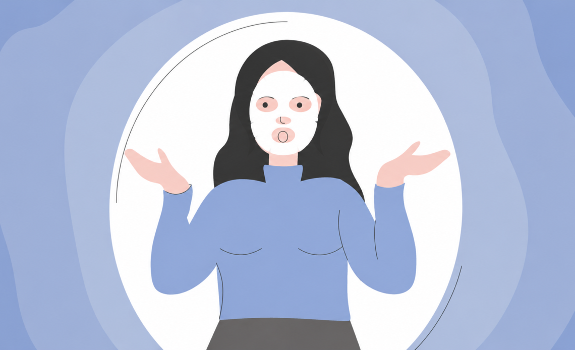Illustration of a woman wearing a sheet mask with her hands raised beside her, against a blue background.