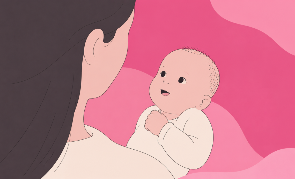 Illustration of a mother looking at and holding her smiling baby.