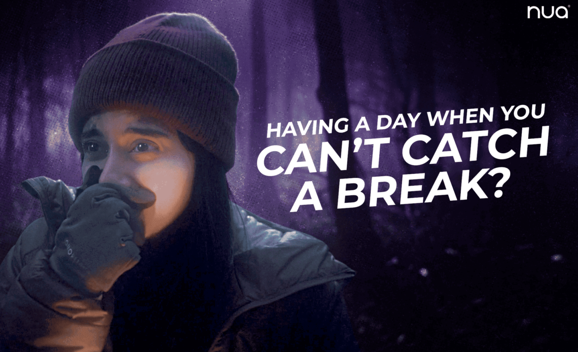 Illustration of a person wearing winter clothing and looking thoughtful, with text asking, “Having a day when you can’t catch a break?”