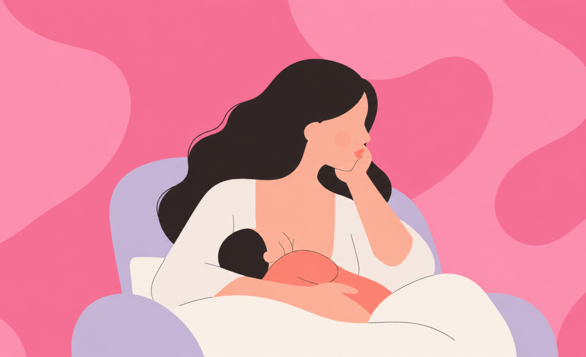 Illustration of a mother breastfeeding her baby while looking distressed, representing difficult emotions that can occur during milk let-down.