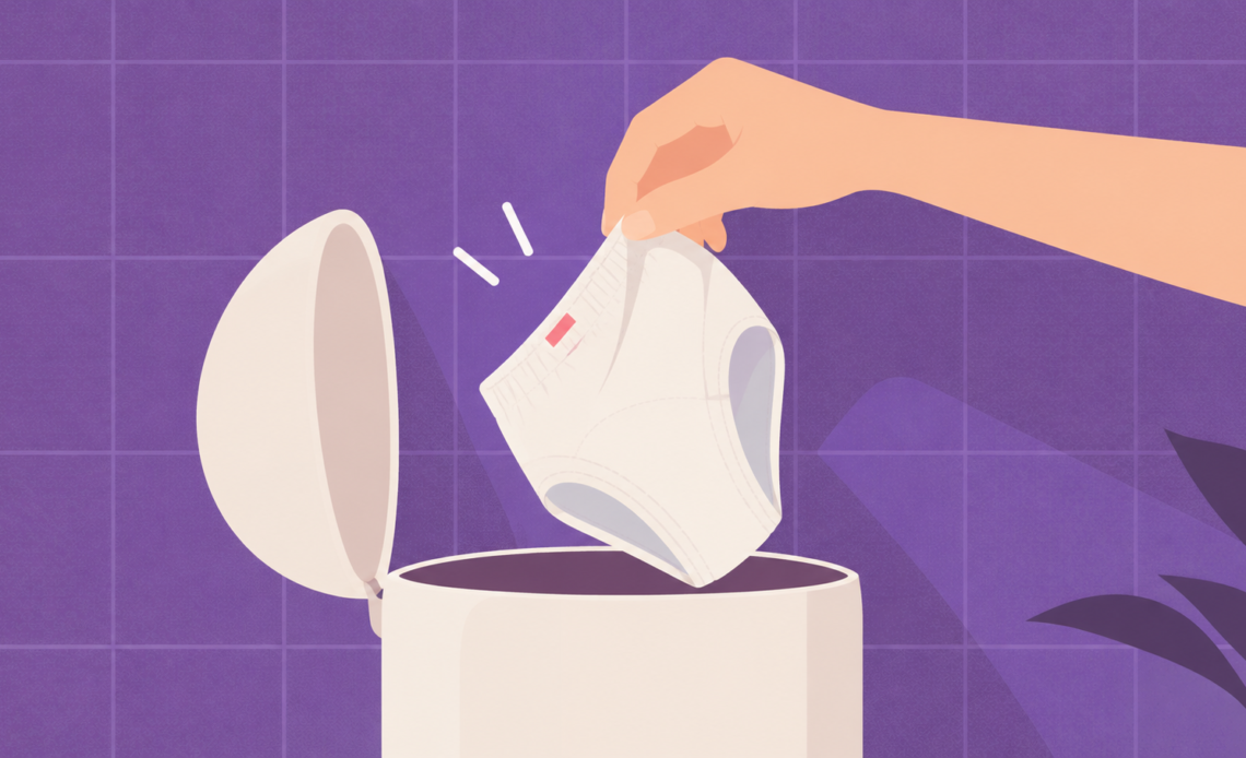 Illustration of a hand placing a disposable period panty into a waste bin against a purple tiled background.