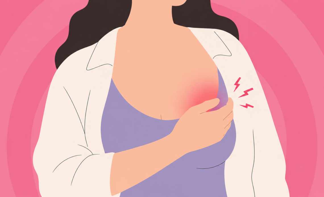 Illustration of a woman holding her breast, with redness and lightning symbols indicating breast pain and inflammation.