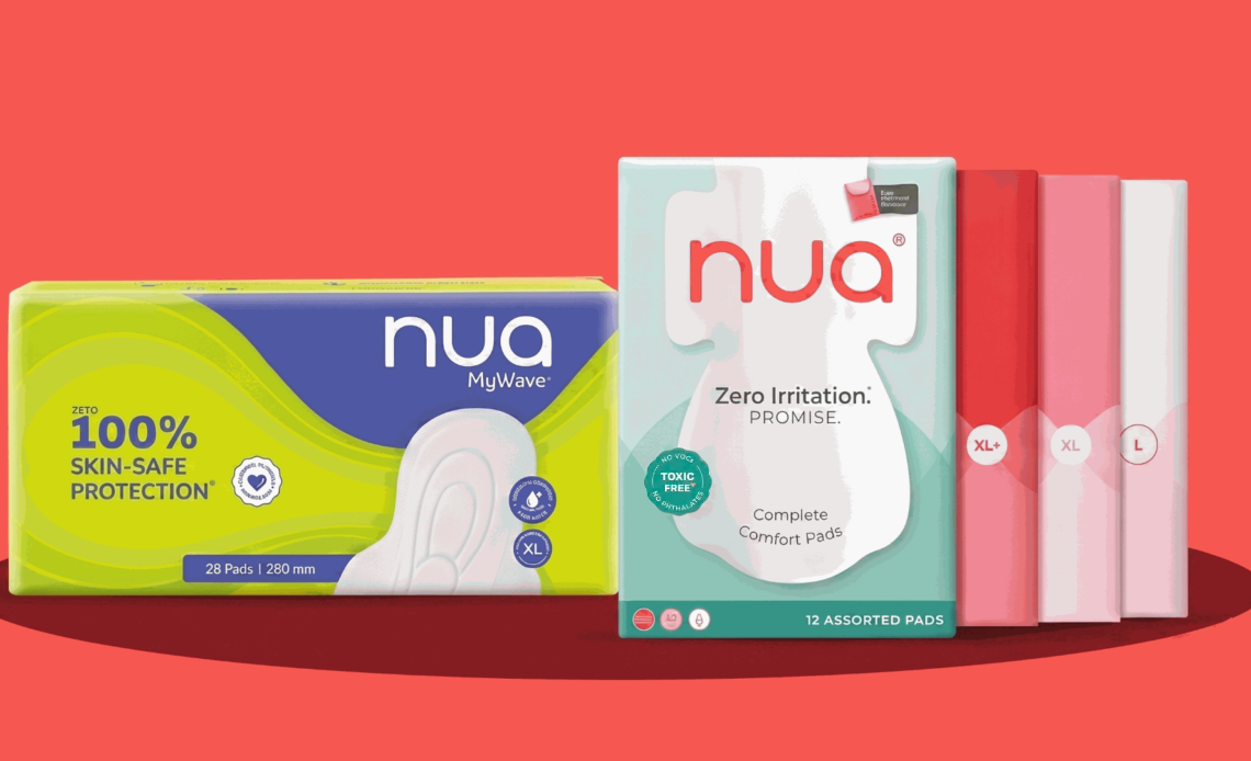 Nua's MyWave and Complete Comfort sanitary pad packs displayed side by side with individually wrapped pads for product comparison.