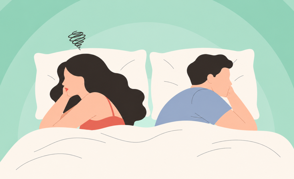 Illustration of a woman and man lying back-to-back in bed, appearing tired or distant, representing changes in intimacy and libido.
