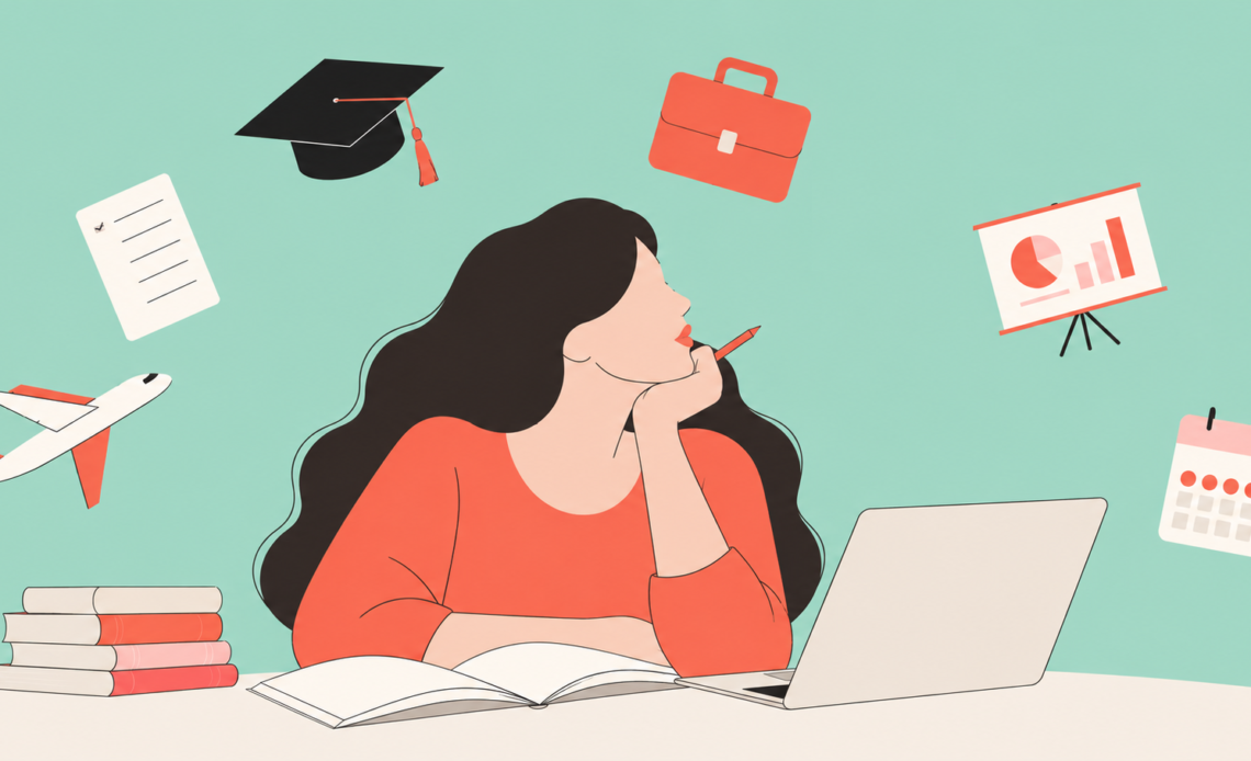 Illustration of a woman sitting at a desk with a laptop and books, surrounded by symbols of work, education, travel, and daily responsibilities.